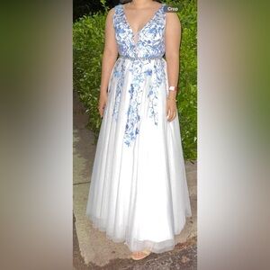 Elegant White and Blue Floral dress (prom or wedding)